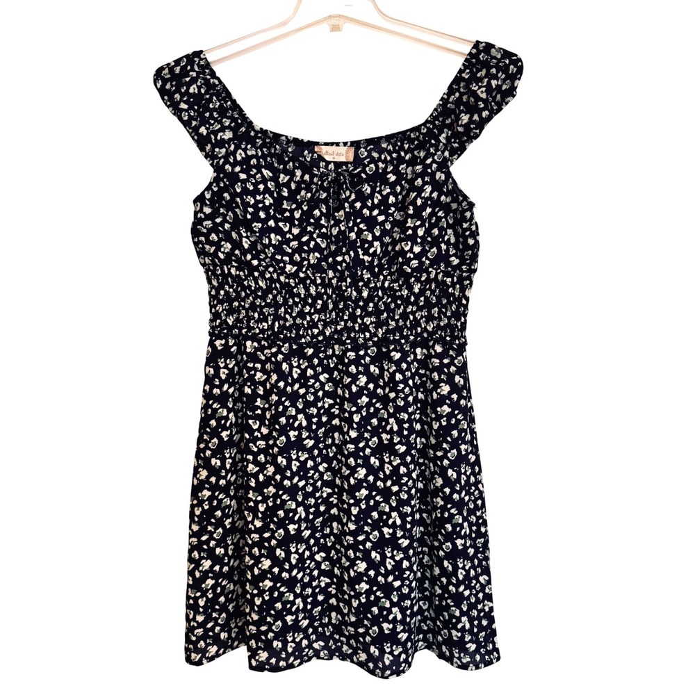 Altar'd State Navy Floral Smocked Waist Mini Dress Cap Sleeve Square Neck M